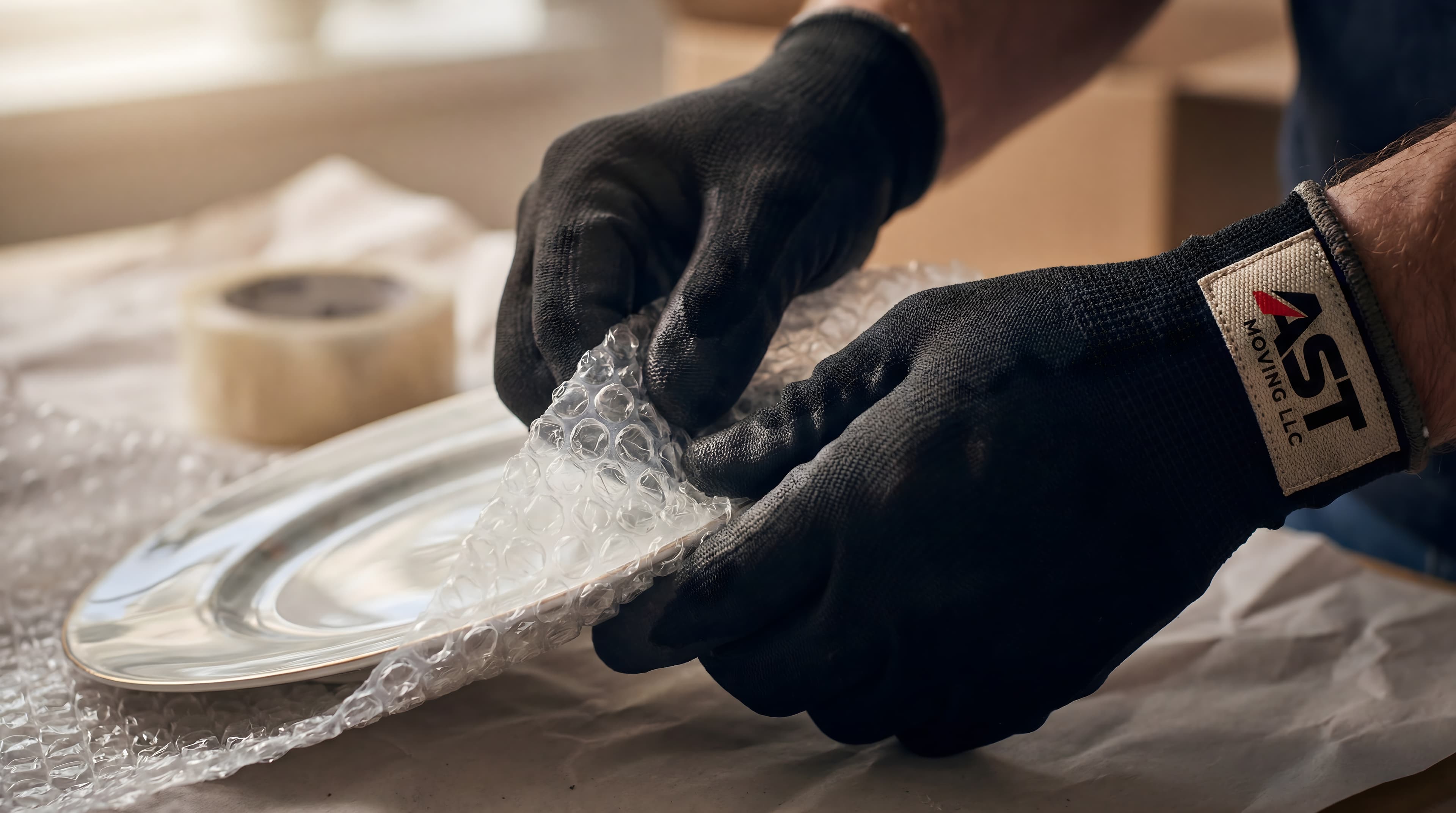 AST Moving crew wrapping furniture for protection